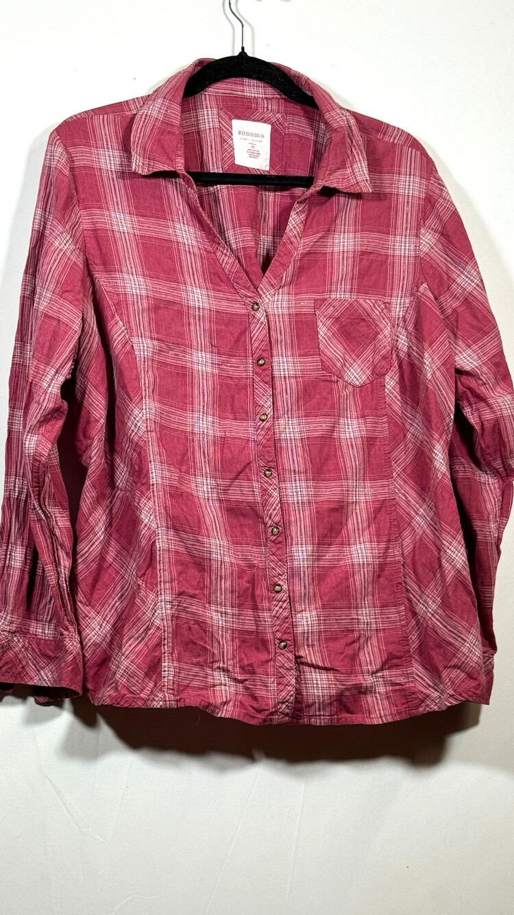 Sonoma Woman 2X Red Plaid Button-Up Shirt Long Sleeve Cotton Blend